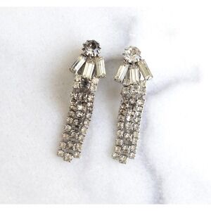Mid-Century Rhinestone Fringe Tassel Earrings Clip-On Backs